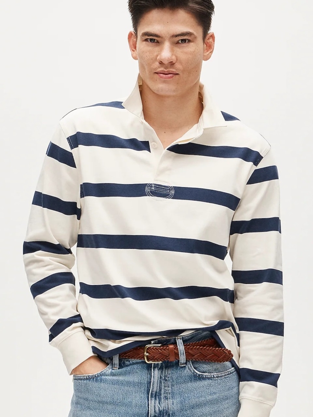 J. Crew Men's White and Navy Striped Rugby Shirt